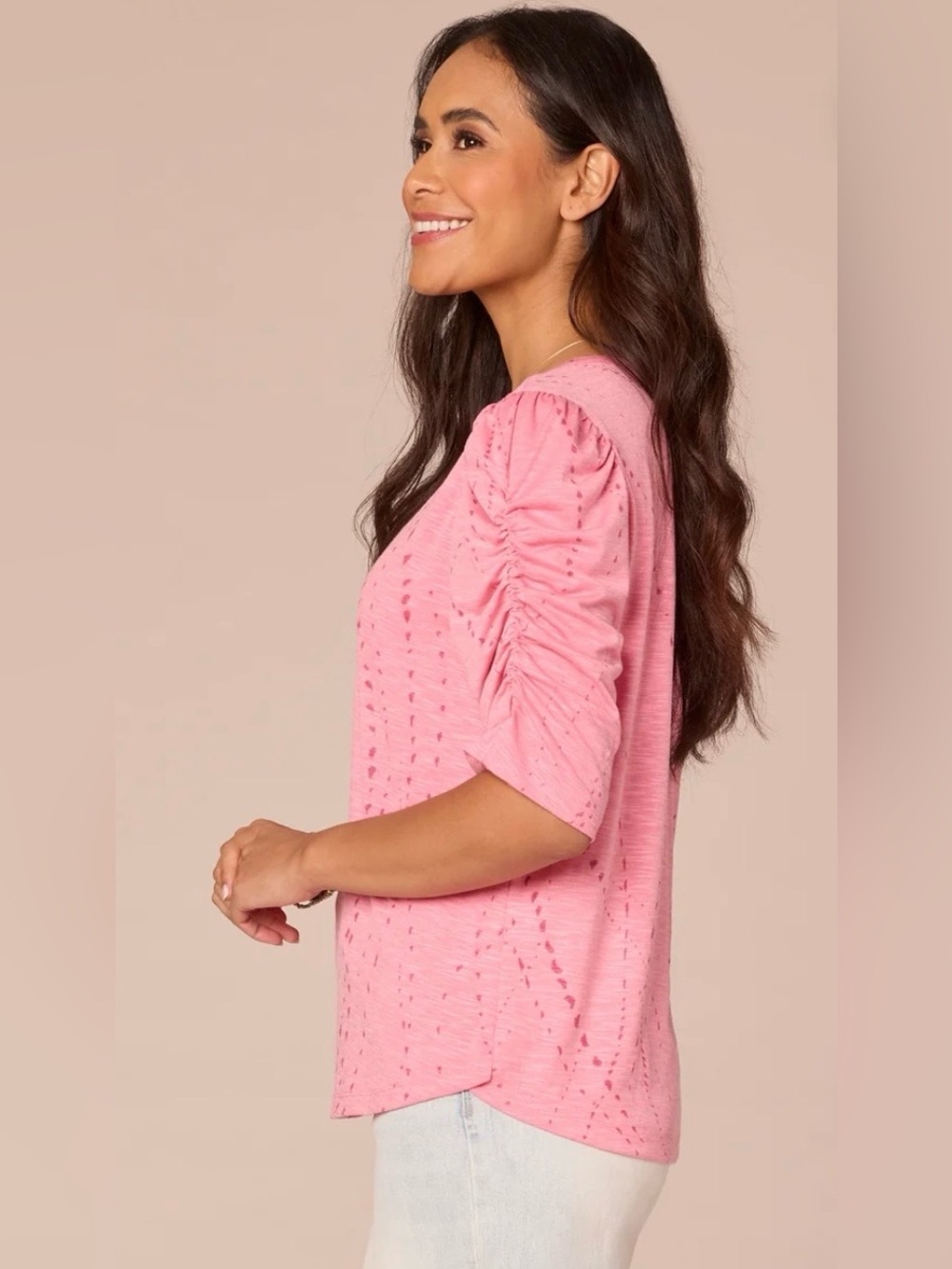 Democracy Ruched Elbow Sleeve Scoop Neck Dot Print Knit Top NWT Size Small Pink